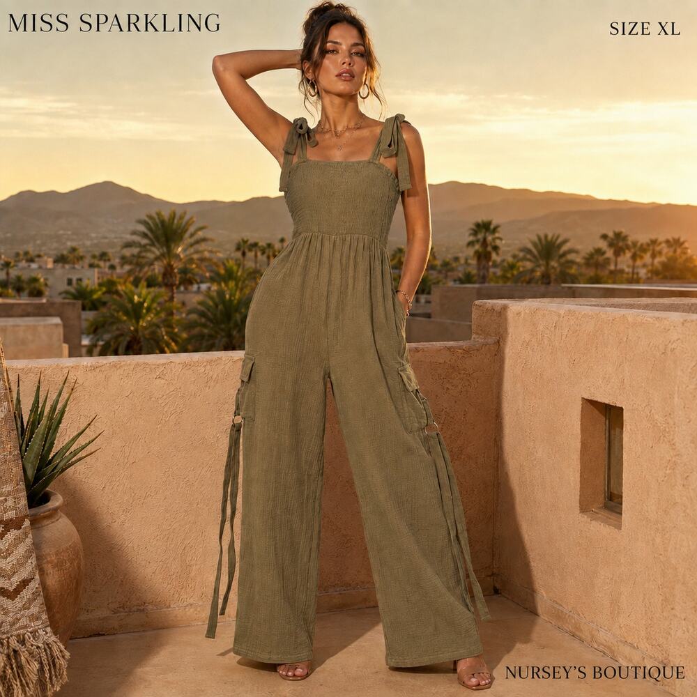 Miss Sparkling XL Olive Cotton Gauze Smocked Wide Leg Cargo Jumpsuit